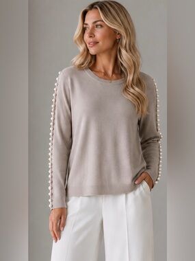 Women's Pearl-Trim Crewneck Sweater - Light Mauve